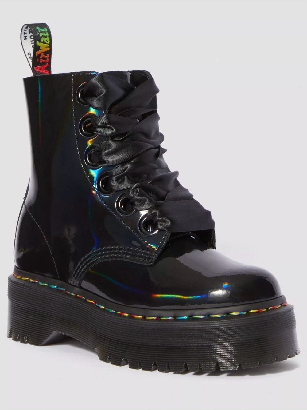 Dr. Martens Black Holographic Platform Lace-Up Boots with Rainbow Heel Loop